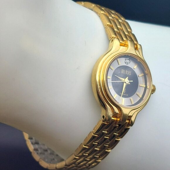 Bill Blass Womens 293-3132 Gold-Tone Quartz Watch With Black Dial & Diamond Acce - Picture 4 of 7